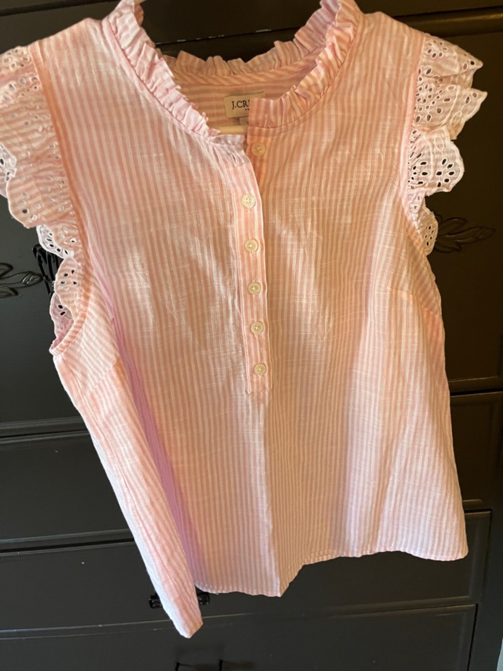 J. Crew Pink Striped Eyelet Cap-Sleeve Button Front Top